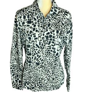 Chicos Shirt Jacket Button Front Sz 1 Lightweight Front Pockets Black Tan Beige